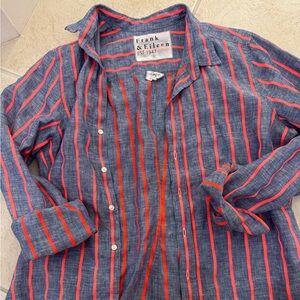 Frank & Eileen Linen Barry Button Down Shirt Neon Pink Blue Striped Womens Large